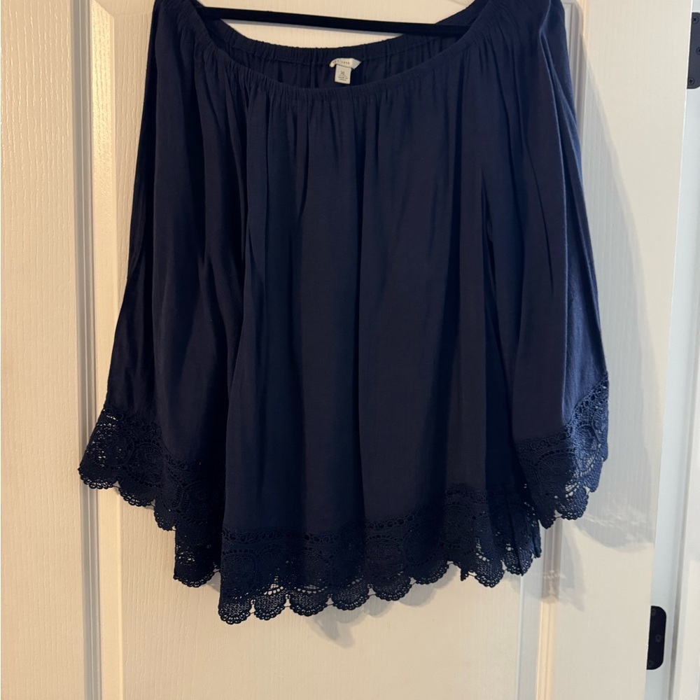 Navy Blue Off-Shoulder Top with Lace Trim